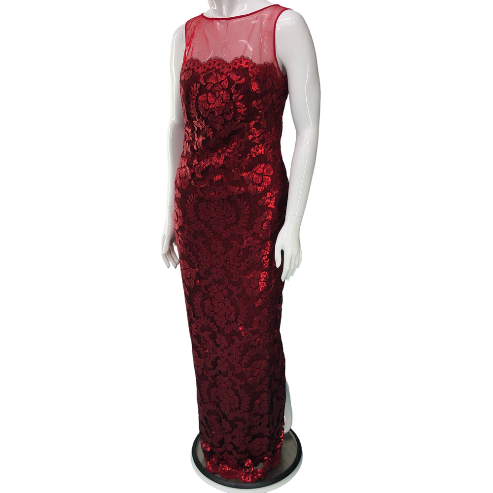Tadashi Shoji Womens Size 4 Red Sequin Ball Gown Dress Maxi Length Mesh Detail
